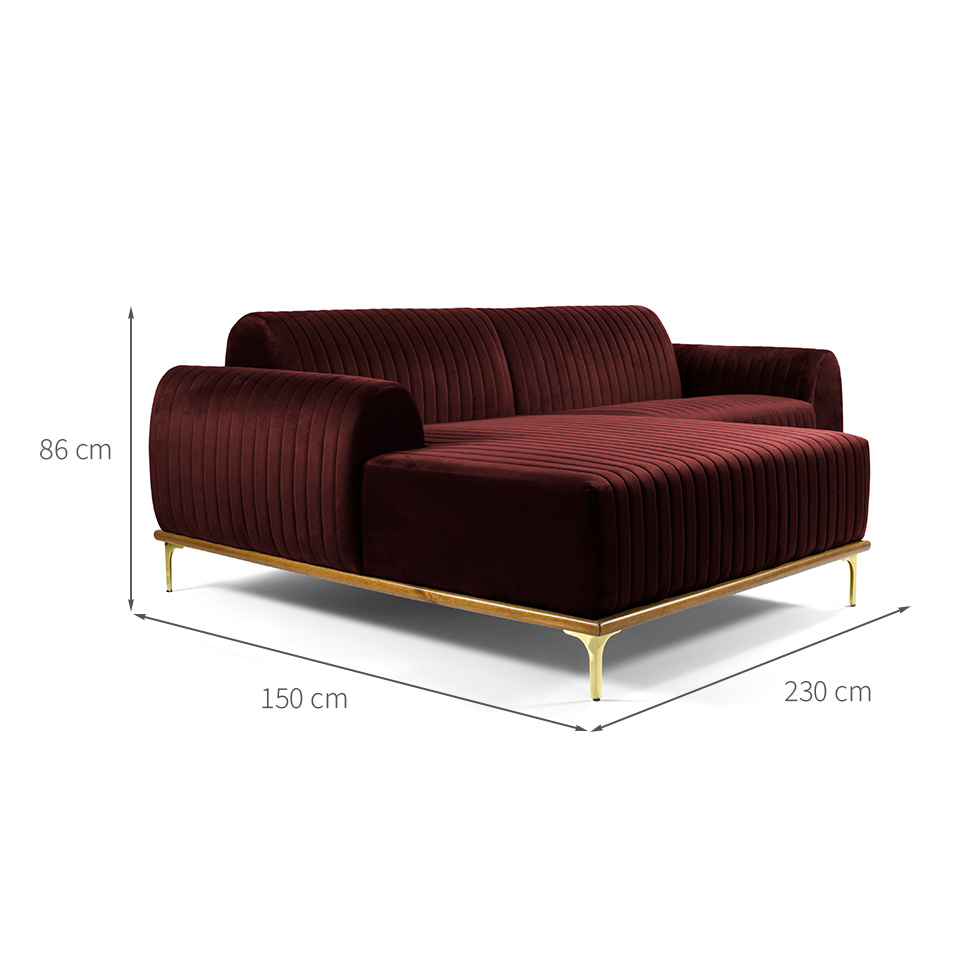 Sofá 3 Lugares Molino com Chaise Esquerdo Veludo Bordô e Dourado