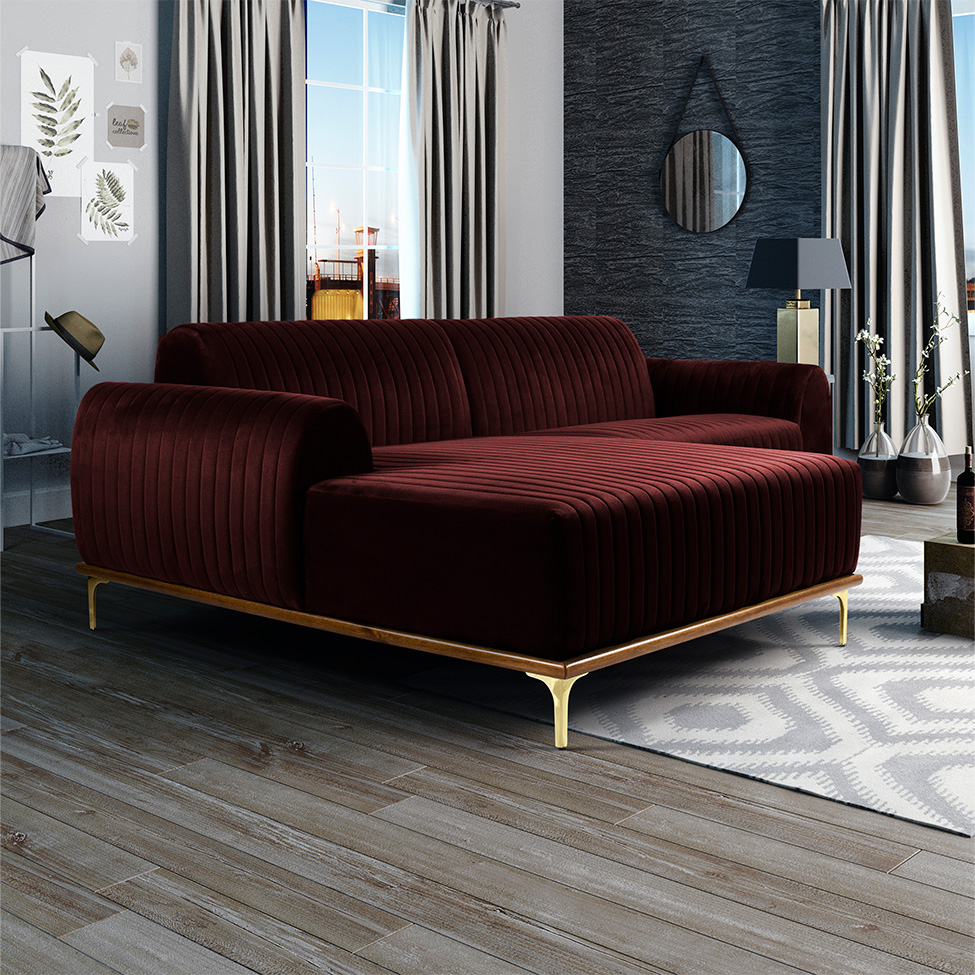 Sofá 3 Lugares Molino com Chaise Esquerdo Veludo Bordô e Dourado