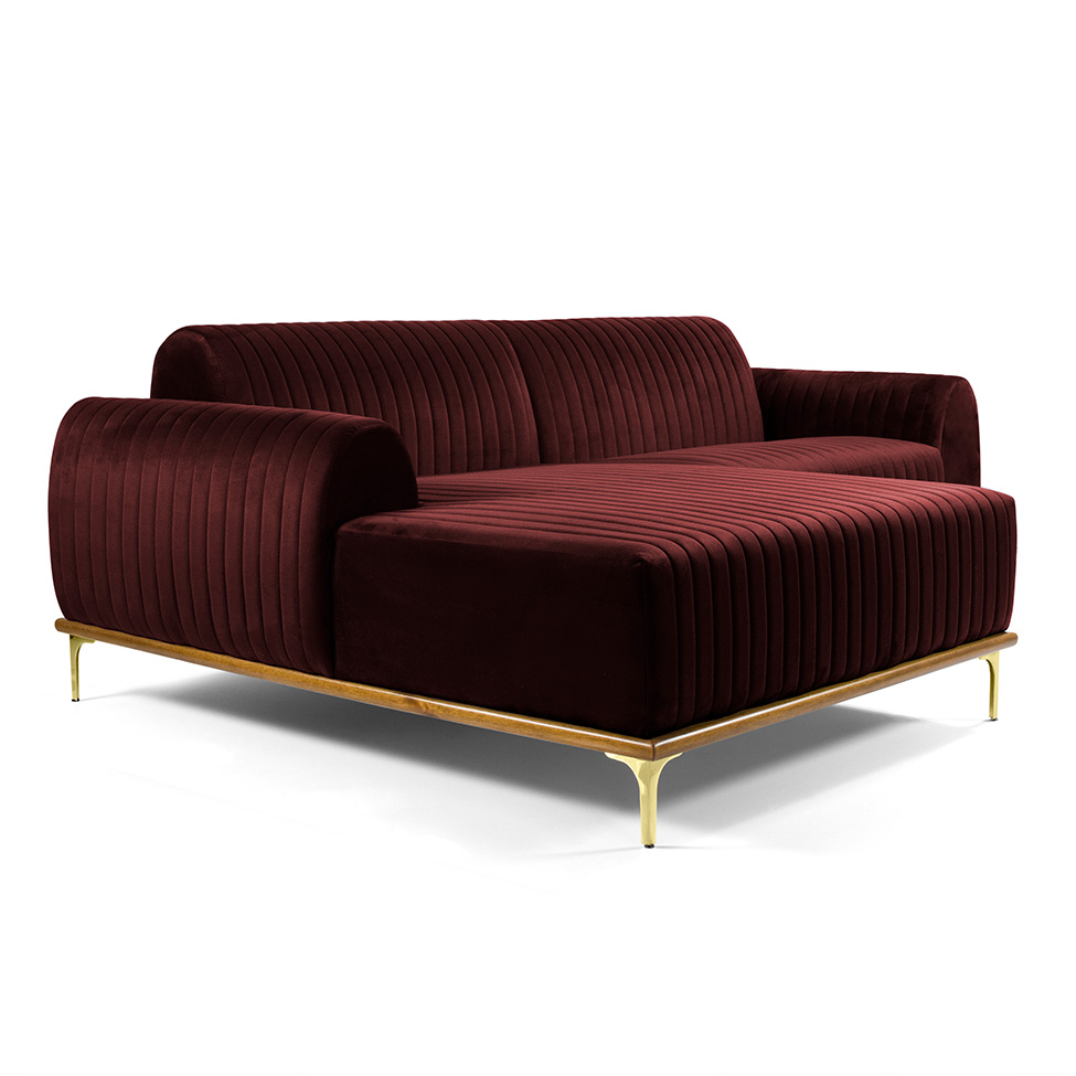 Sofá 3 Lugares Molino com Chaise Esquerdo Veludo Bordô e Dourado