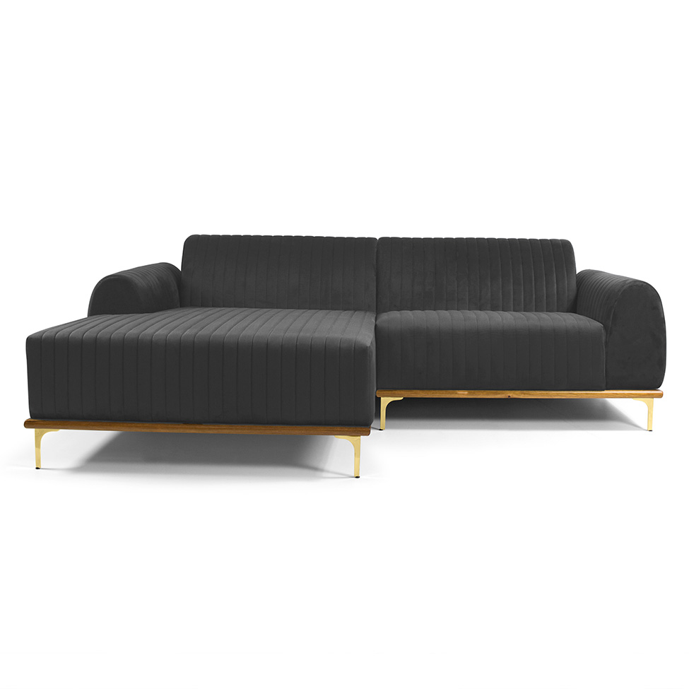 Sofá 3 Lugares Molino com Chaise Esquerdo Veludo Cinza e Dourado