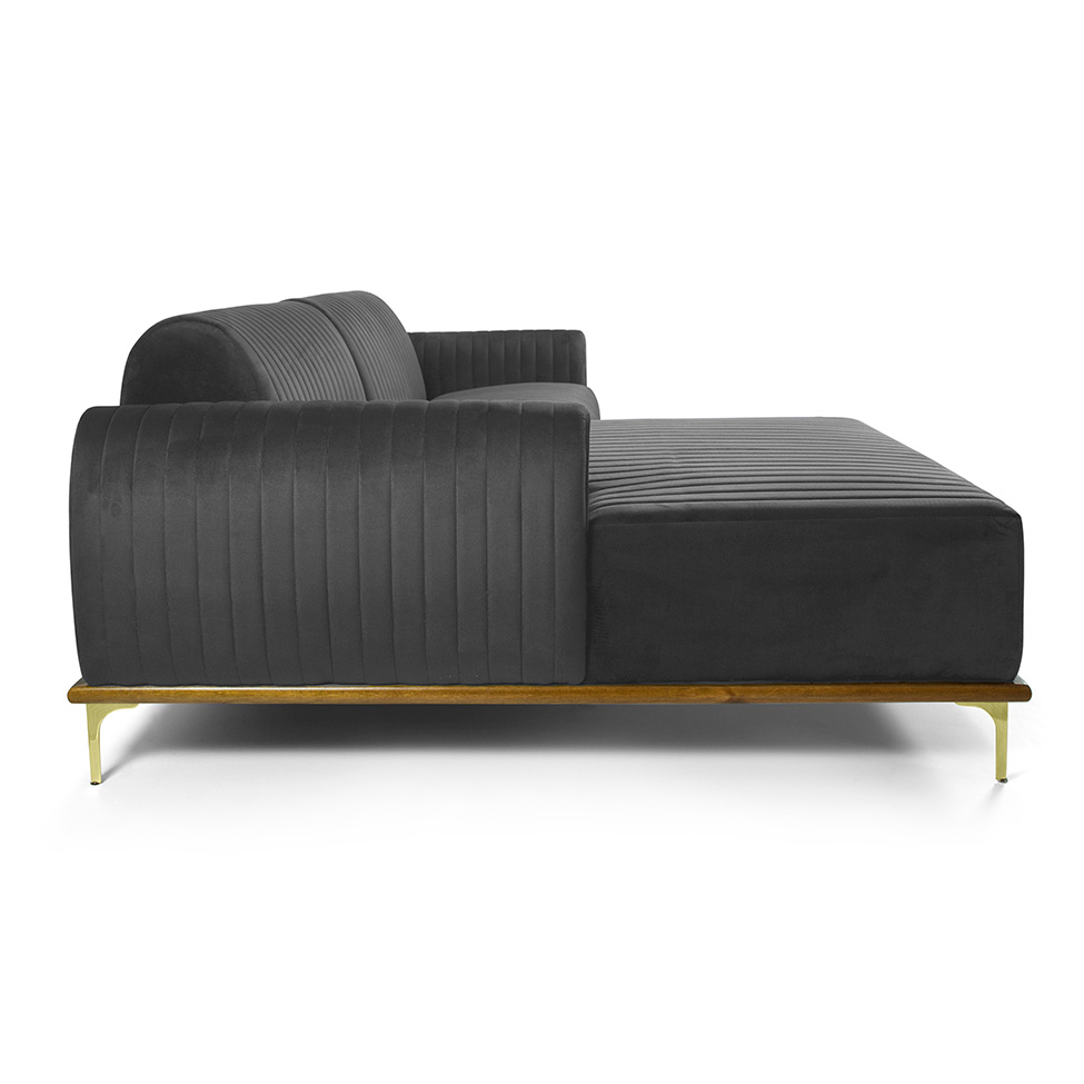 Sofá 3 Lugares Molino com Chaise Esquerdo Veludo Cinza e Dourado