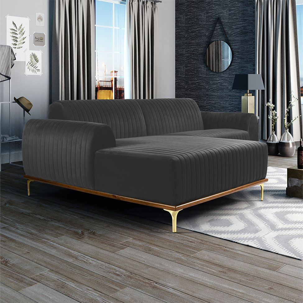 Sofá 3 Lugares Molino com Chaise Esquerdo Veludo Cinza e Dourado