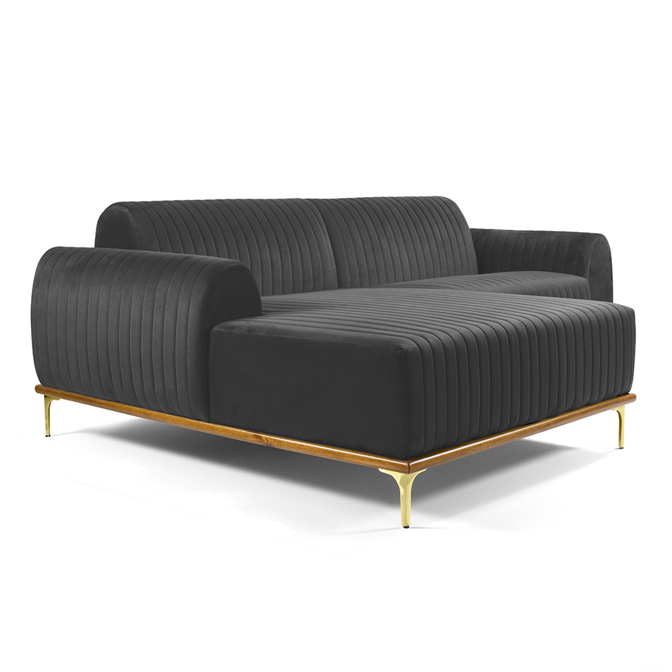 Sofá 3 Lugares Molino com Chaise Esquerdo Veludo Cinza e Dourado
