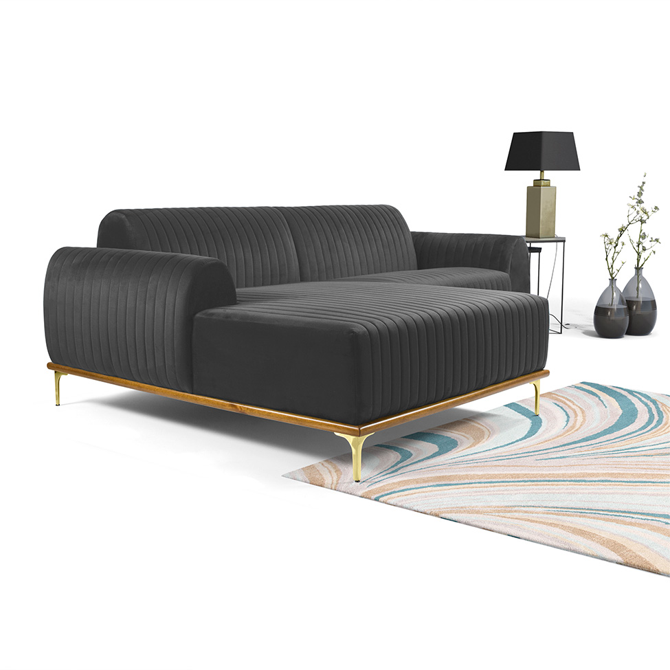 Sofá 3 Lugares Molino com Chaise Esquerdo Veludo Cinza e Dourado