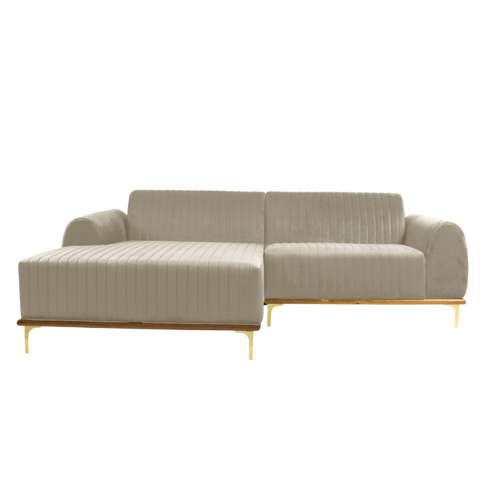 Sofá 3 Lugares Molino com Chaise Esquerdo Veludo Creme e Dourado