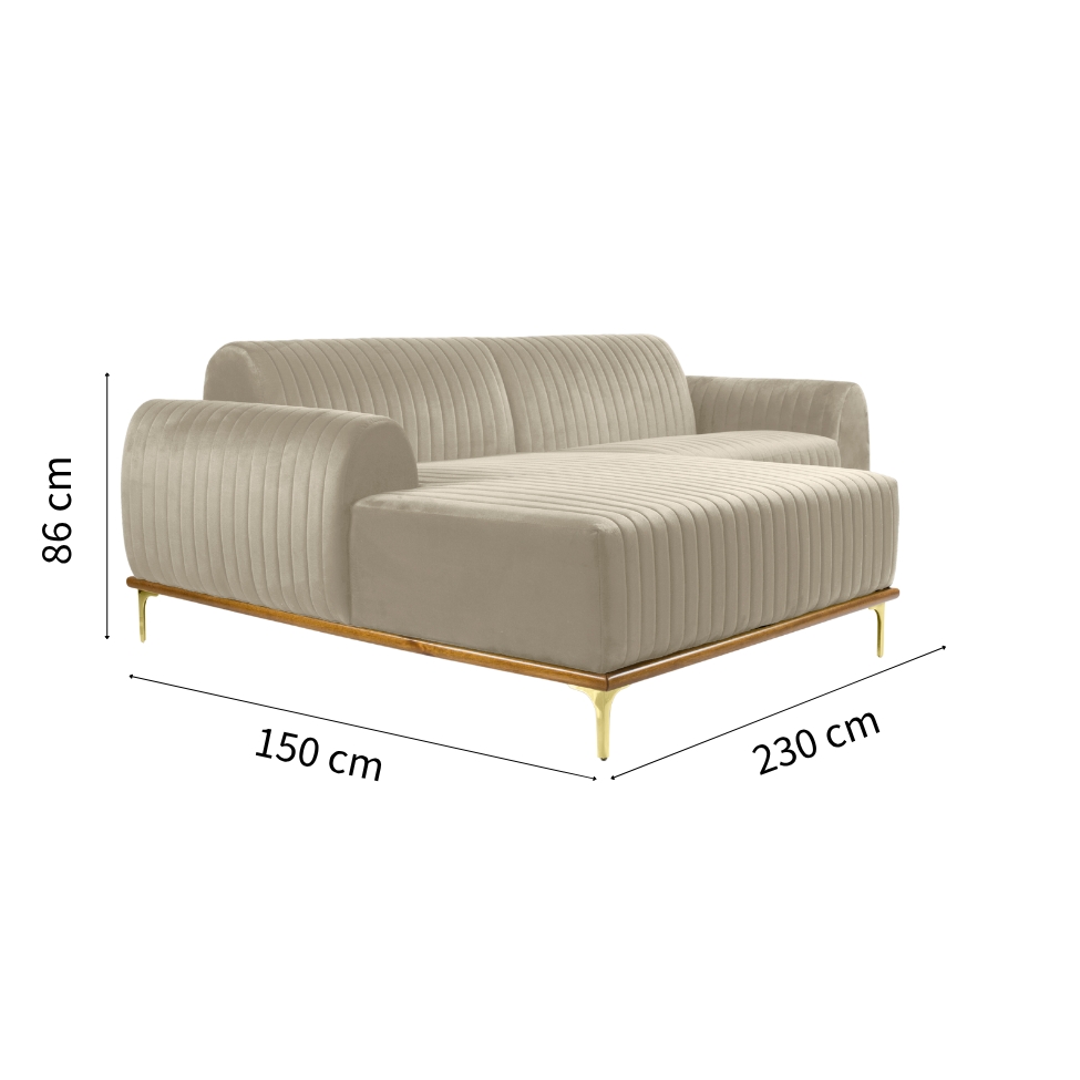 Sofá 3 Lugares Molino com Chaise Esquerdo Veludo Creme e Dourado