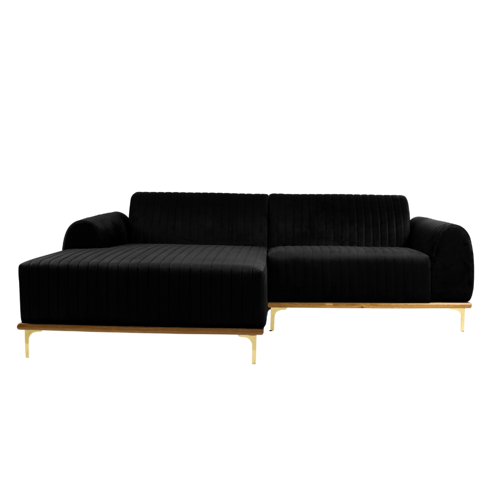 Sofá 3 Lugares Molino com Chaise Esquerdo Veludo Grafite e Dourado