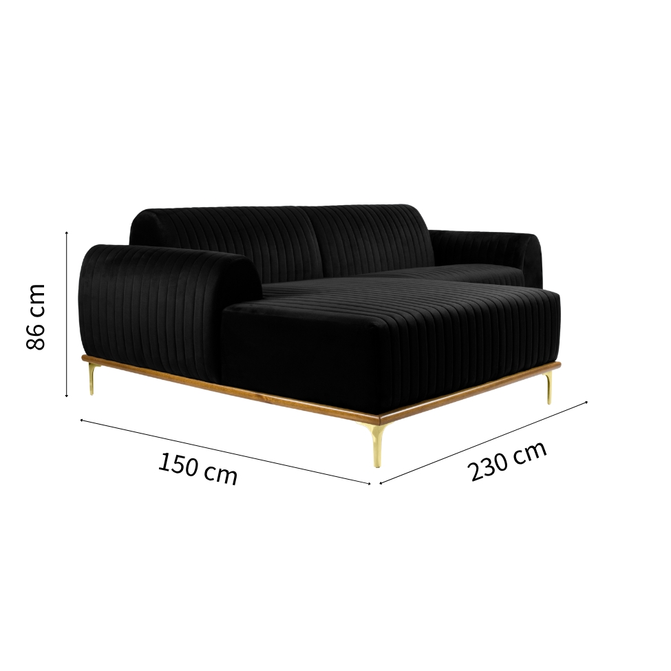 Sofá 3 Lugares Molino com Chaise Esquerdo Veludo Grafite e Dourado