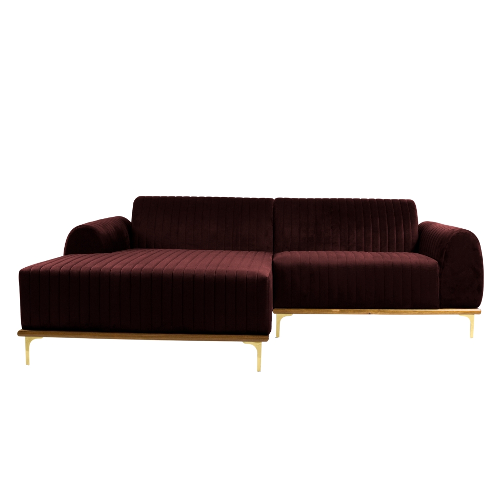 Sofá 3 Lugares Molino com Chaise Esquerdo Veludo Marrom e Dourado