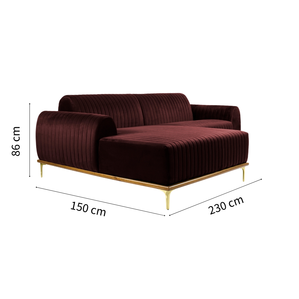 Sofá 3 Lugares Molino com Chaise Esquerdo Veludo Marrom e Dourado