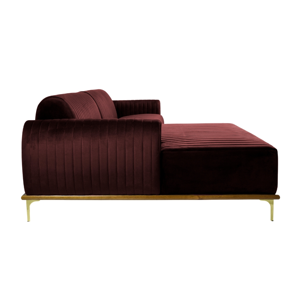 Sofá 3 Lugares Molino com Chaise Esquerdo Veludo Marrom e Dourado