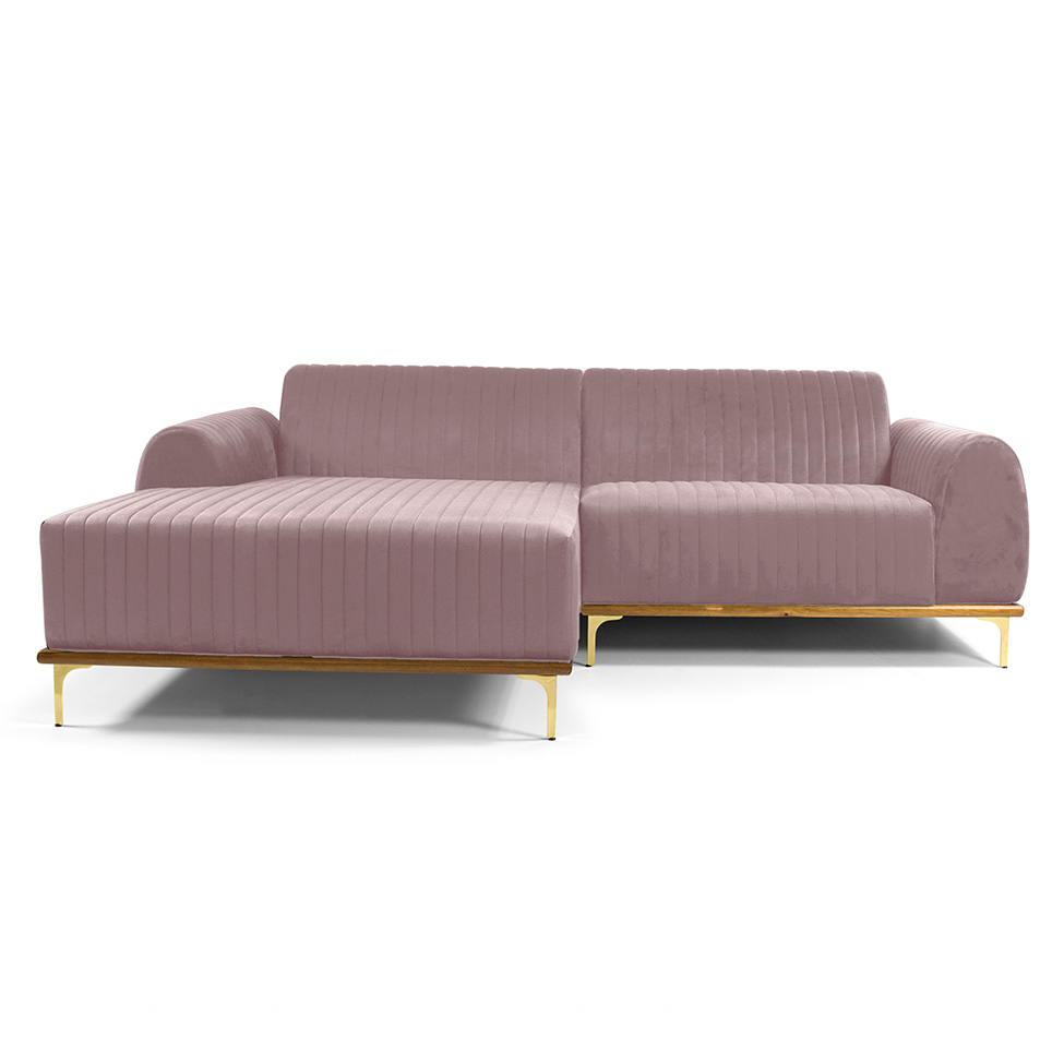 Sofá 3 Lugares Molino com Chaise Esquerdo Veludo Rosa e Dourado