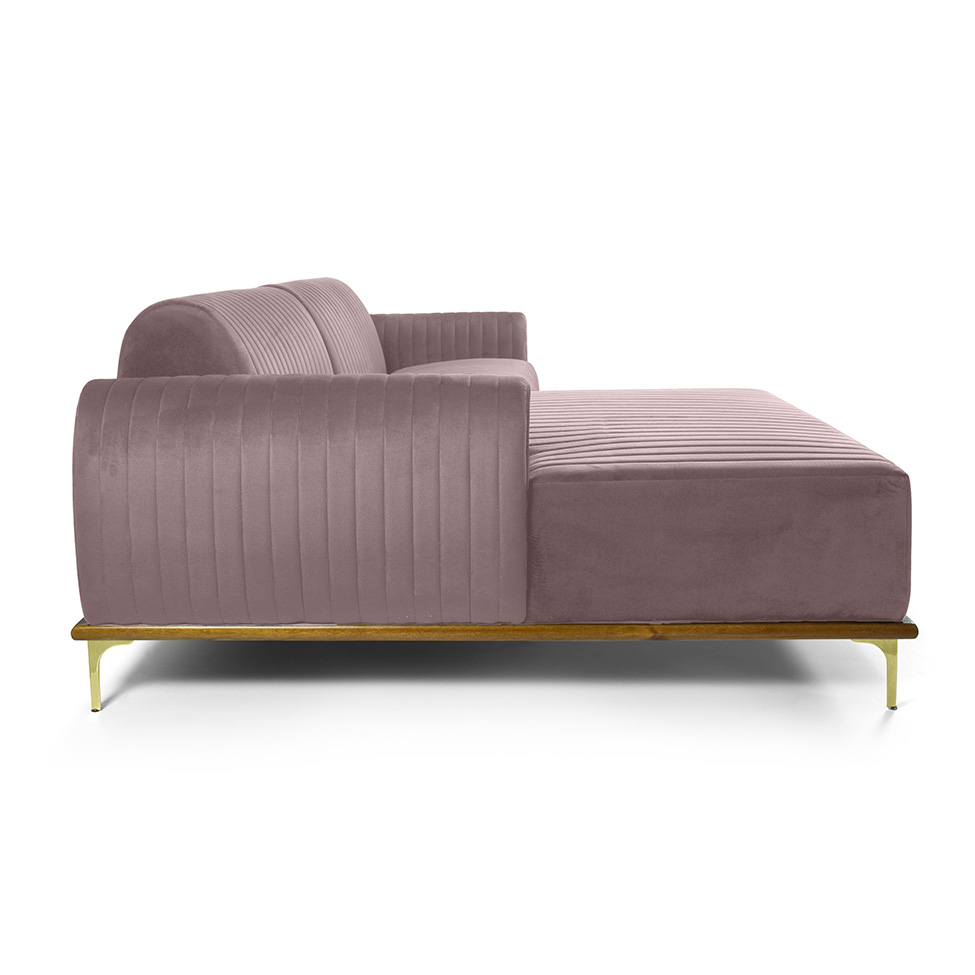 Sofá 3 Lugares Molino com Chaise Esquerdo Veludo Rosa e Dourado