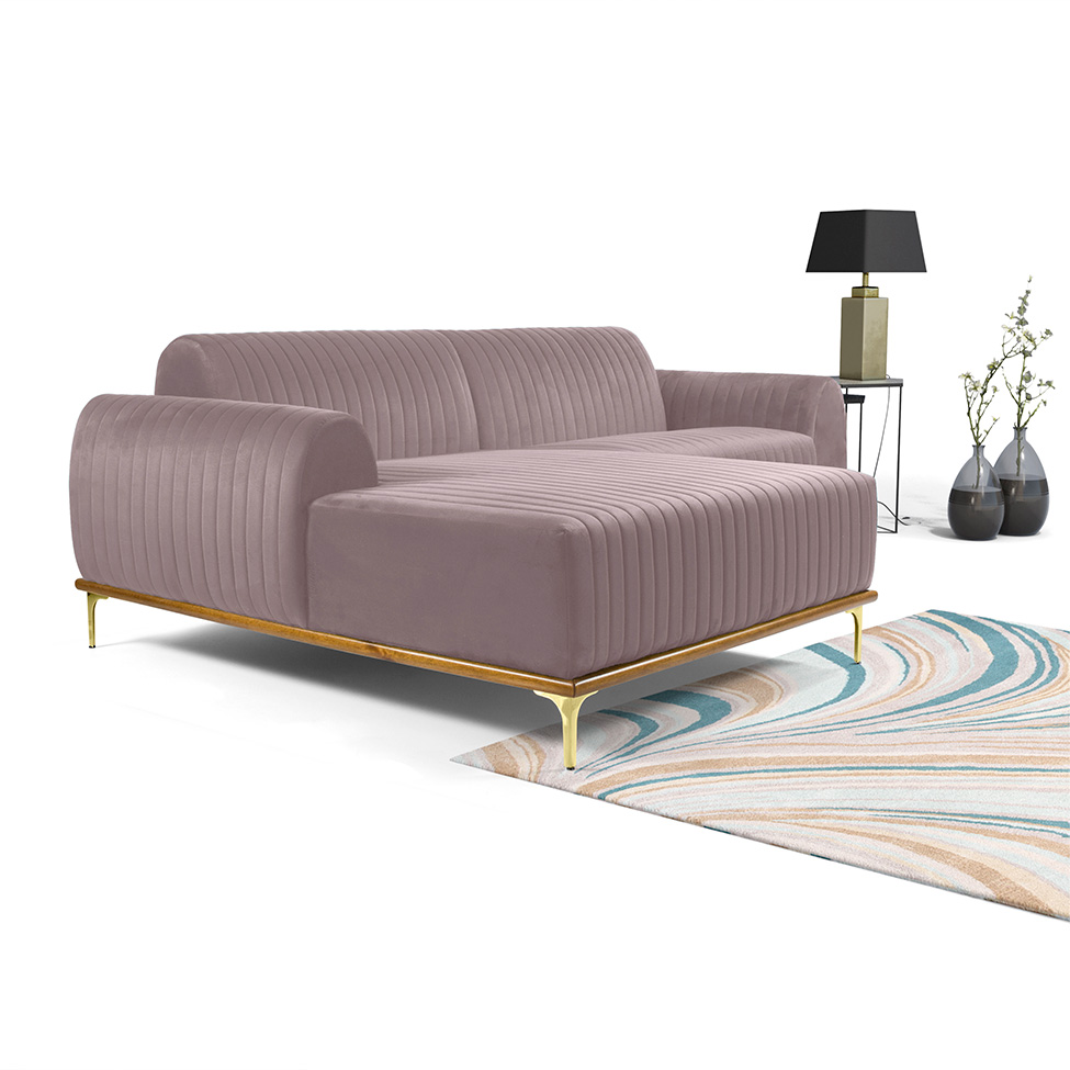 Sofá 3 Lugares Molino com Chaise Esquerdo Veludo Rosa e Dourado