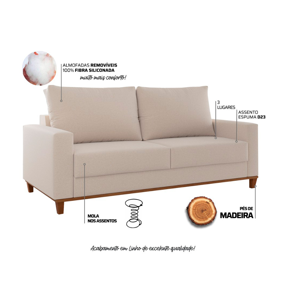 Sofá 3 Lugares New York Linho Bege
