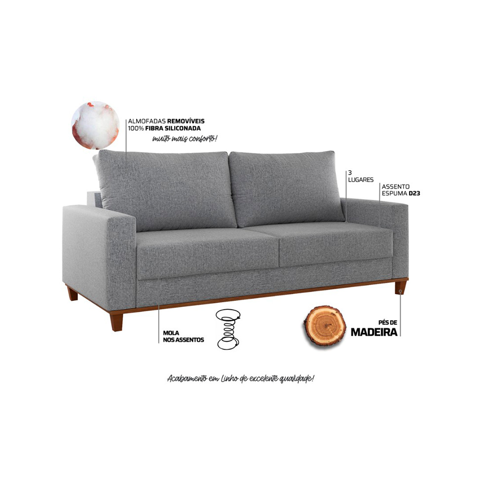 Sofá 3 Lugares New York Linho Cinza