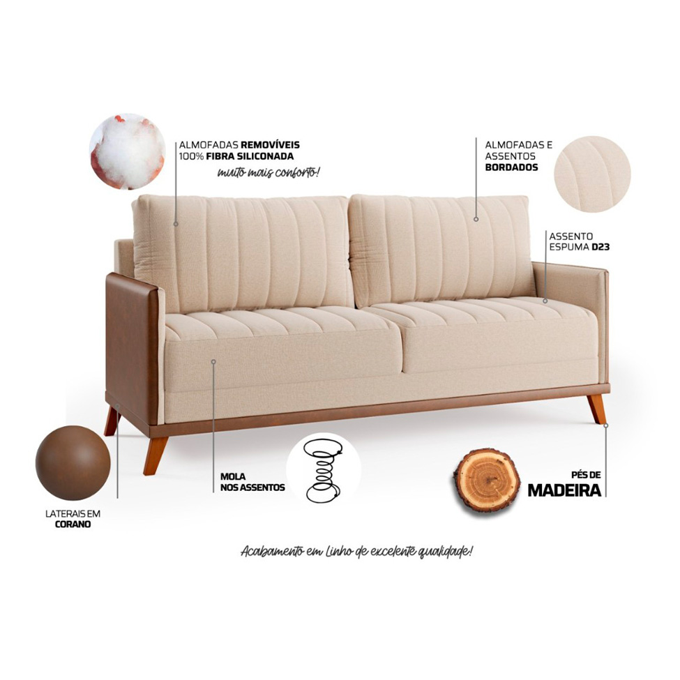 Sofá 3 Lugares Novita Linho Bege
