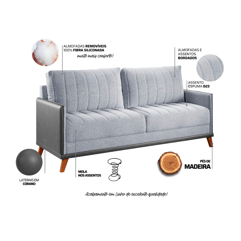 Sofá 3 Lugares Novita Linho Cinza