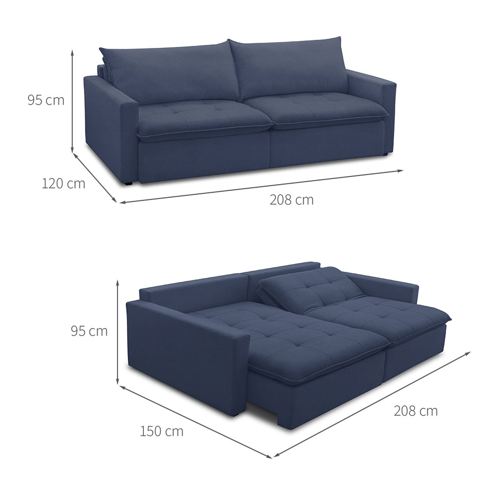 Sofá 3 Lugares Retrátil Sem Caixa Capri Veludo Azul