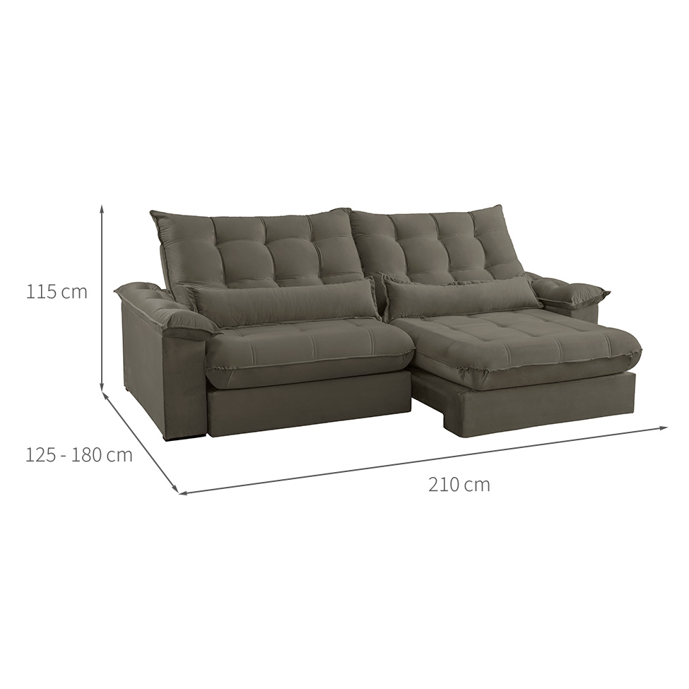 Sofá 3 Lugares Retrátil e Reclinável Aruba Veludo Cinza 210 cm