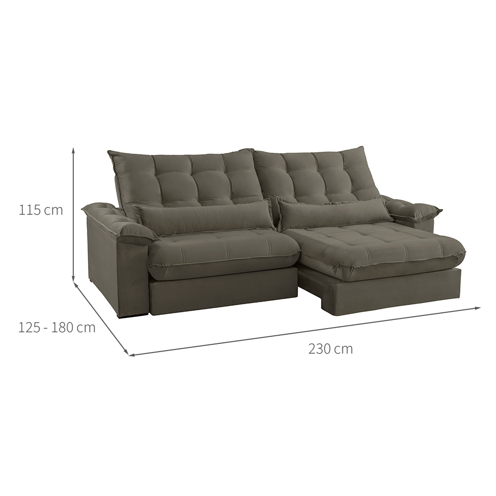 Sofá 3 Lugares Retrátil e Reclinável Aruba Veludo Cinza 230 cm
