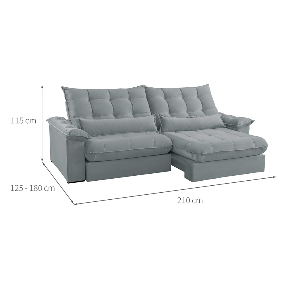 Sofá 3 Lugares Retrátil e Reclinável Aruba Veludo Cinza Claro 210 cm