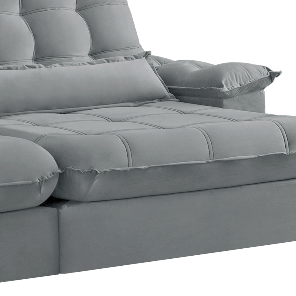 Sofá 3 Lugares Retrátil e Reclinável Aruba Veludo Cinza Claro 210 cm