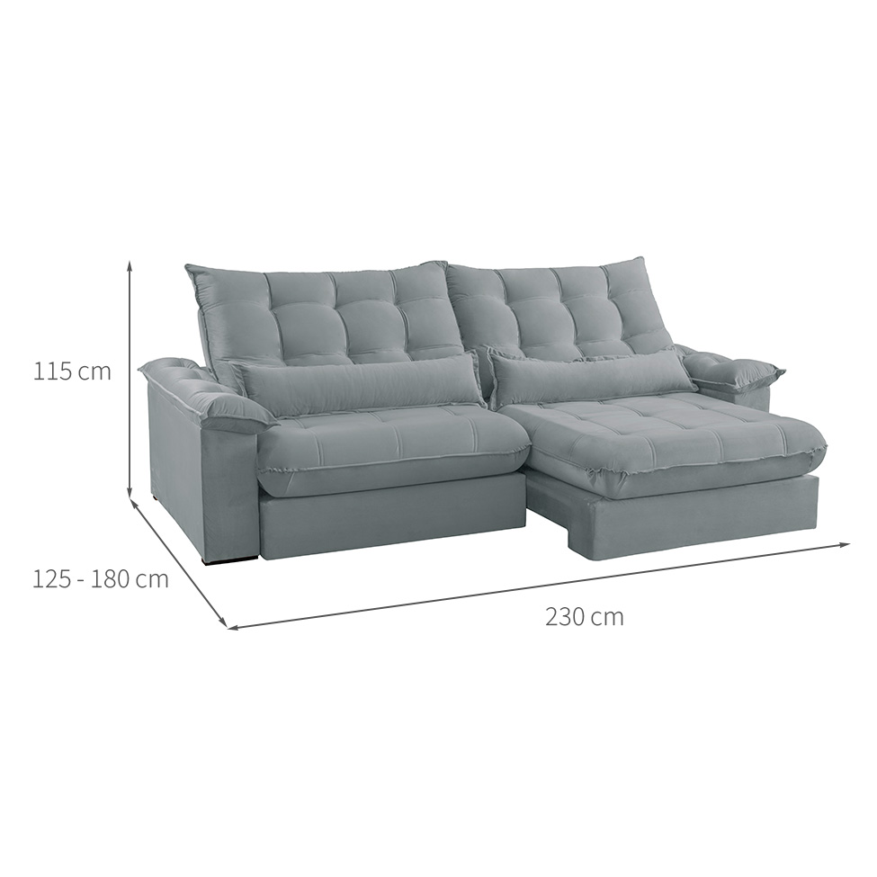 Sofá 3 Lugares Retrátil e Reclinável Aruba Veludo Cinza Claro 230 cm