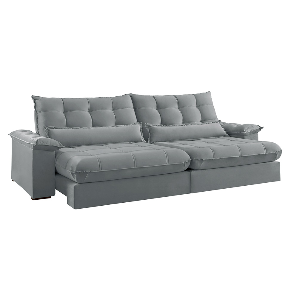 Sofá 3 Lugares Retrátil e Reclinável Aruba Veludo Cinza Claro 230 cm