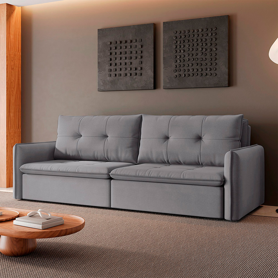 Sofá 3 Lugares Retrátil e Reclinável Braga Linho Cinza 220 cm