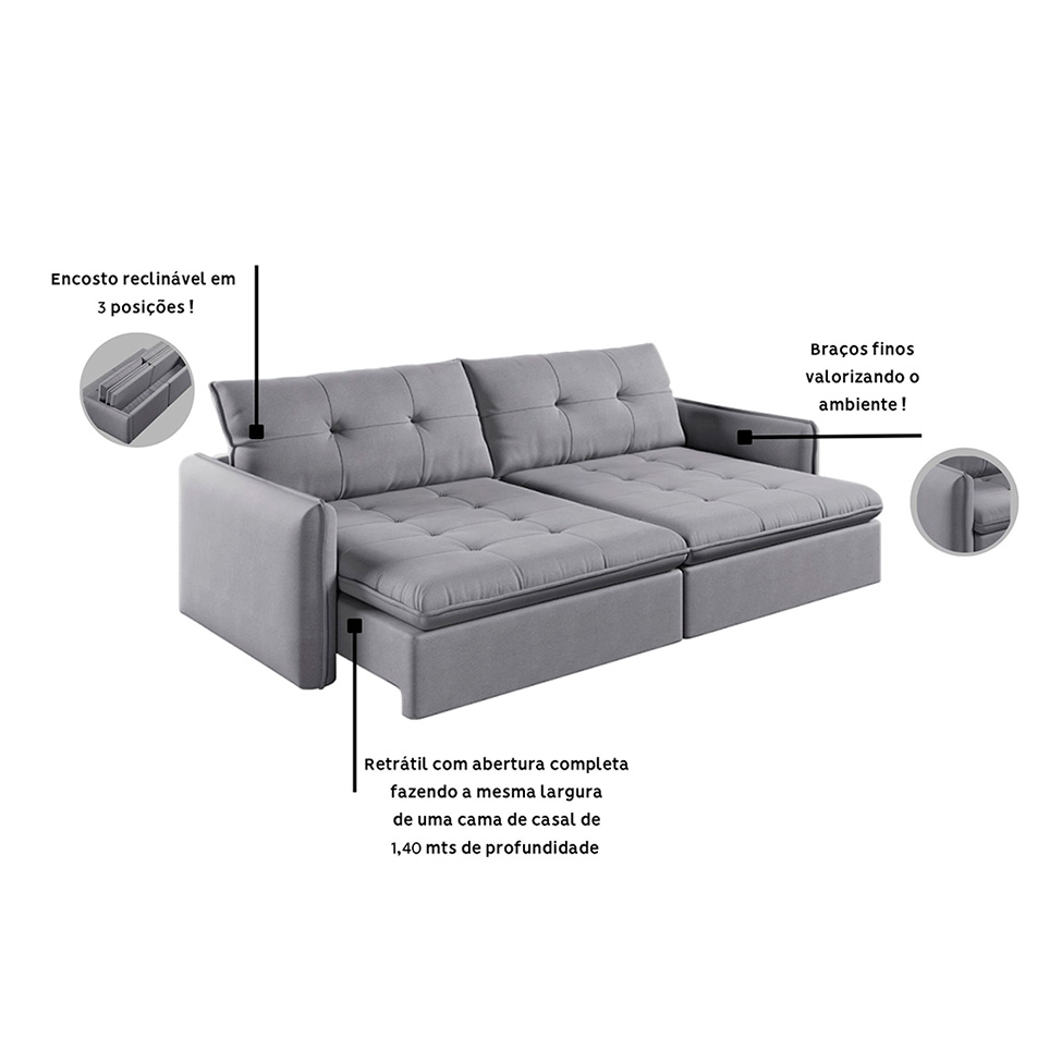 Sofá 3 Lugares Retrátil e Reclinável Braga Linho Cru 220 cm