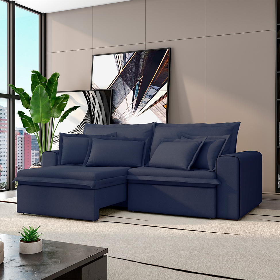 Sofá 3 Lugares Retrátil e Reclinável Cannes Linho Bouclé Azul 220 cm