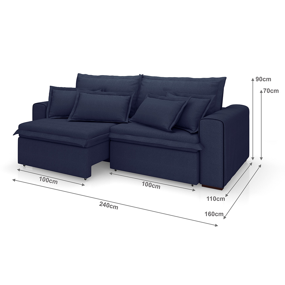 Sofá 3 Lugares Retrátil e Reclinável Cannes Linho Bouclé Azul 240 cm