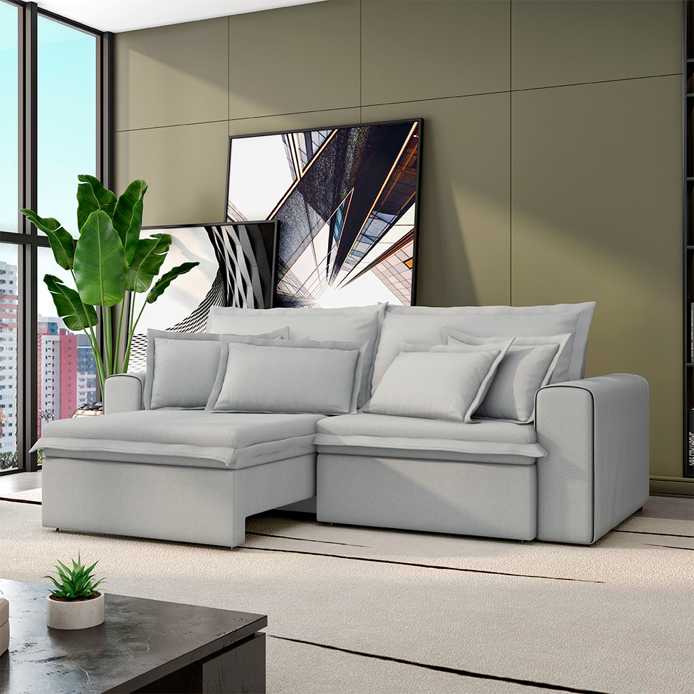 Sofá 3 Lugares Retrátil e Reclinável Cannes Linho Bouclé Cinza 220 cm