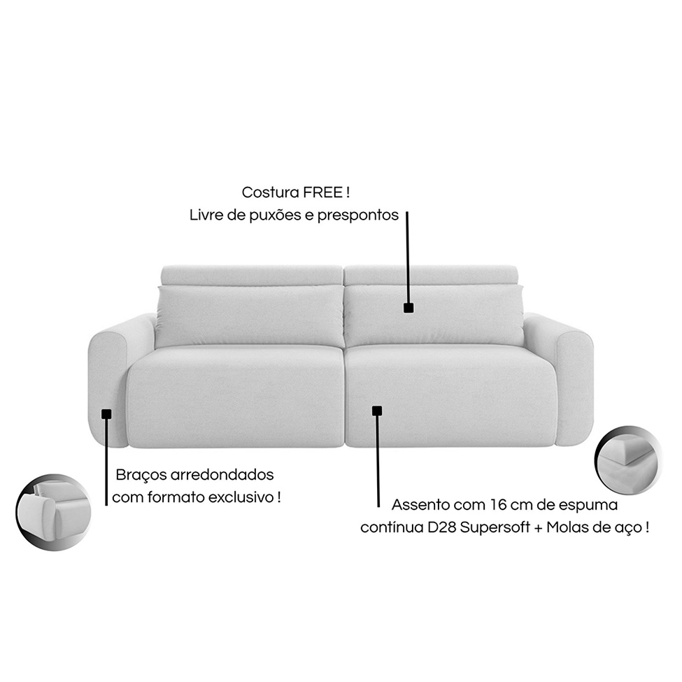 Sofá 3 Lugares Retrátil e Reclinável City Linho Cinza 180 cm
