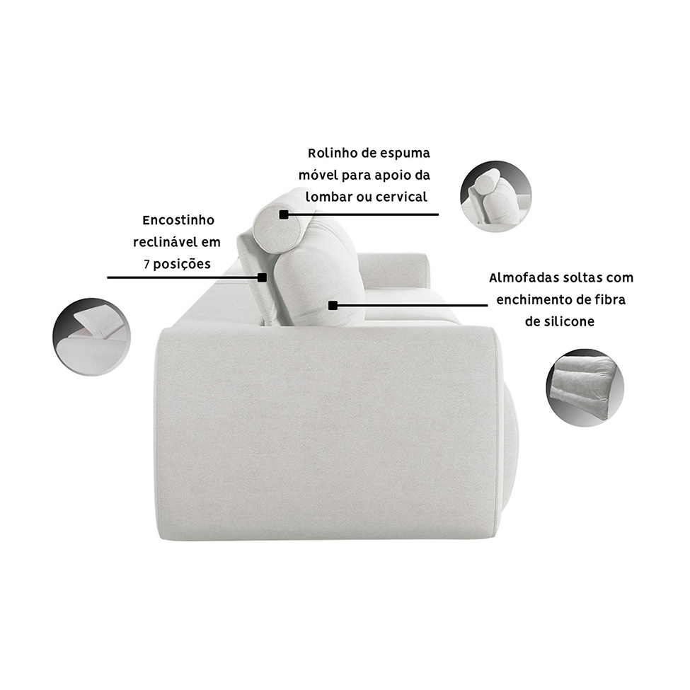 Sofá 3 Lugares Retrátil e Reclinável City Linho Cru 180 cm