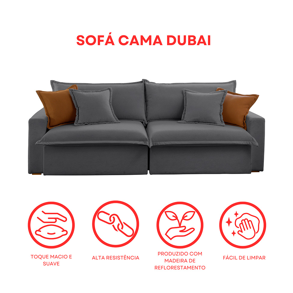 Sofá 3 Lugares Retrátil e Reclinável Dubai Veludo Cinza 190 cm
