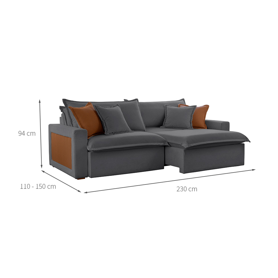 Sofá 3 Lugares Retrátil e Reclinável Dubai Veludo Cinza 230 cm