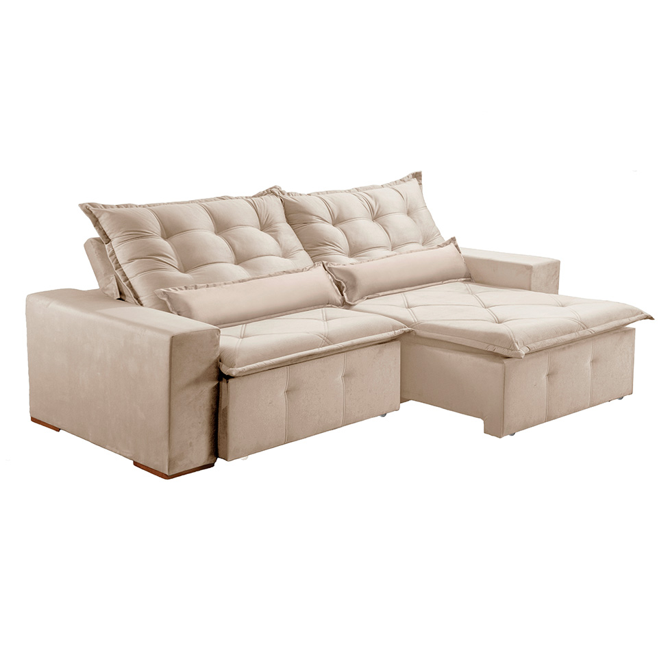 Sofá 3 Lugares Retrátil e Reclinável França Veludo Areia 210 cm