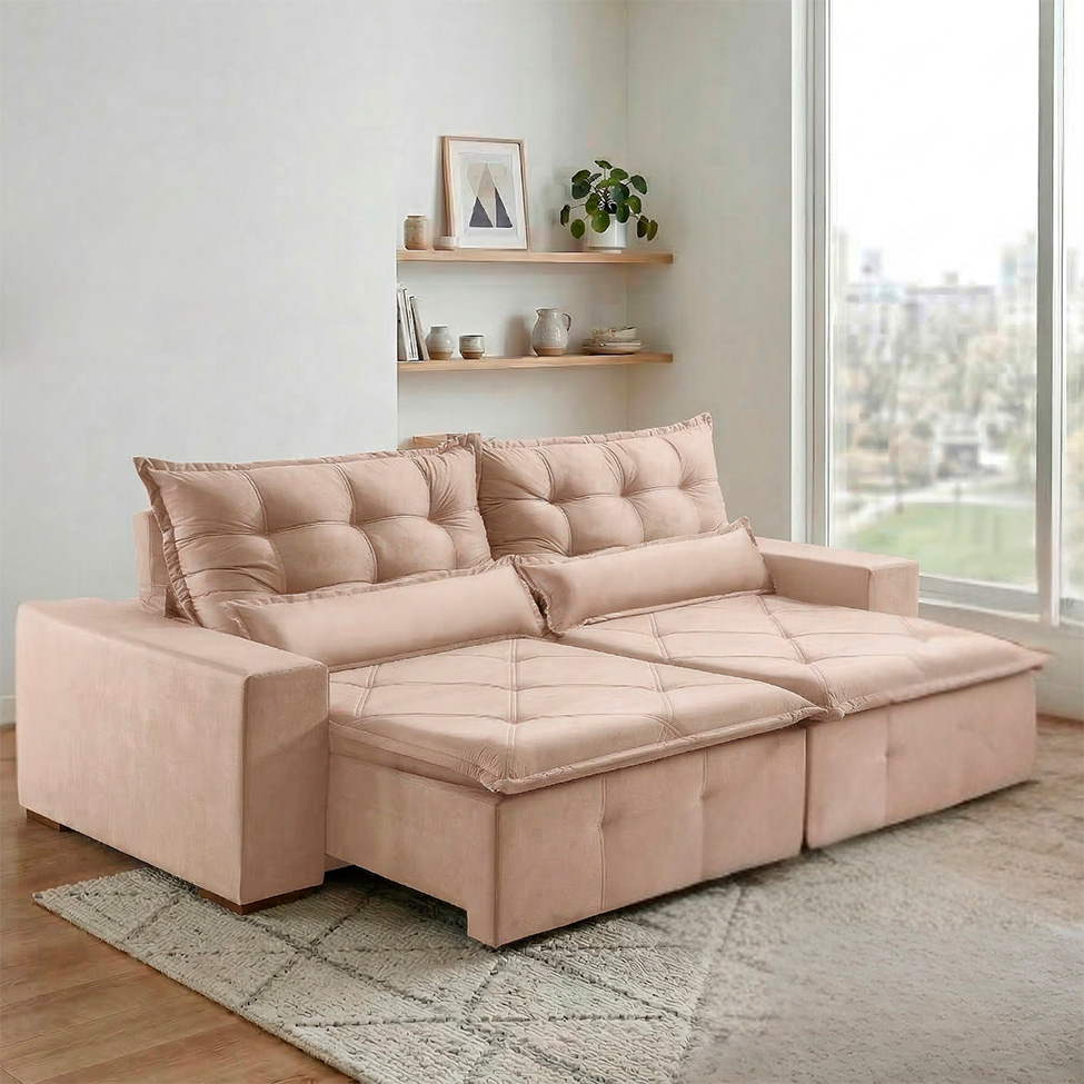 Sofá 3 Lugares Retrátil e Reclinável França Veludo Areia 210 cm