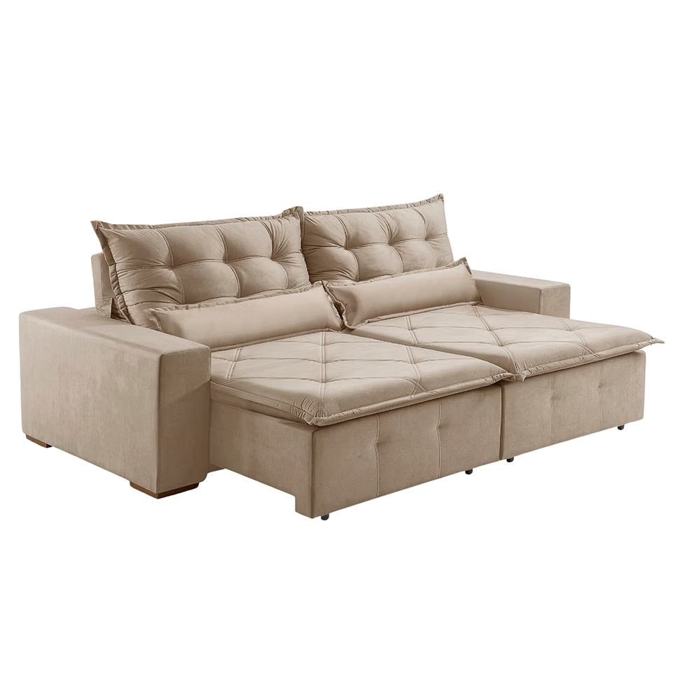 Sofá 3 Lugares Retrátil e Reclinável França Veludo Areia 210 cm