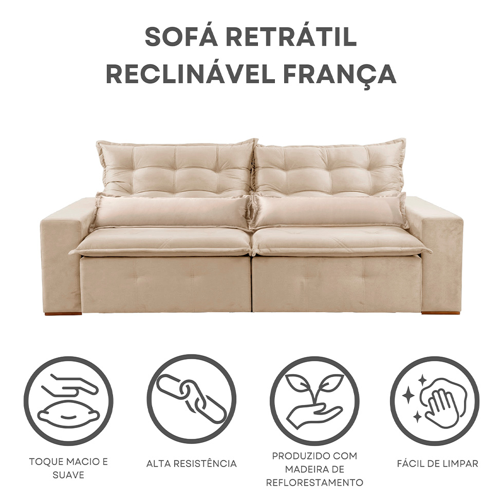 Sofá 3 Lugares Retrátil e Reclinável França Veludo Areia 210 cm