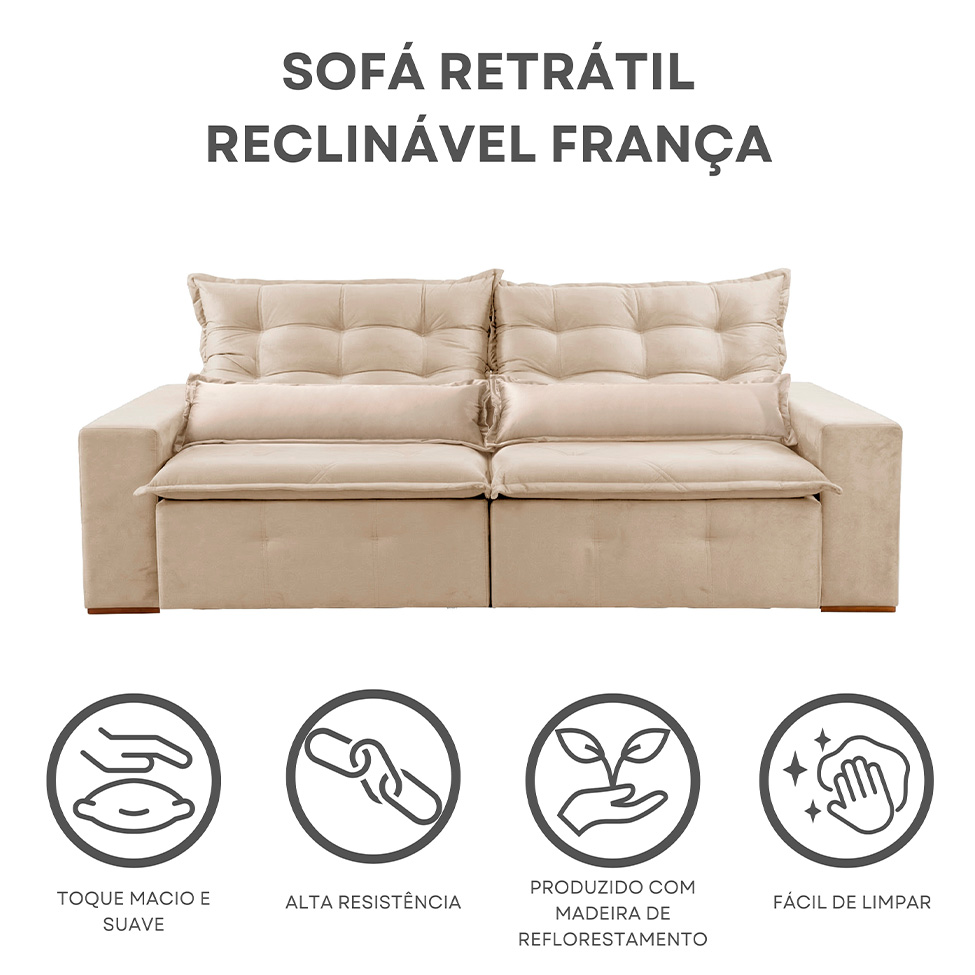 Sofá 3 Lugares Retrátil e Reclinável França Veludo Areia 230 cm