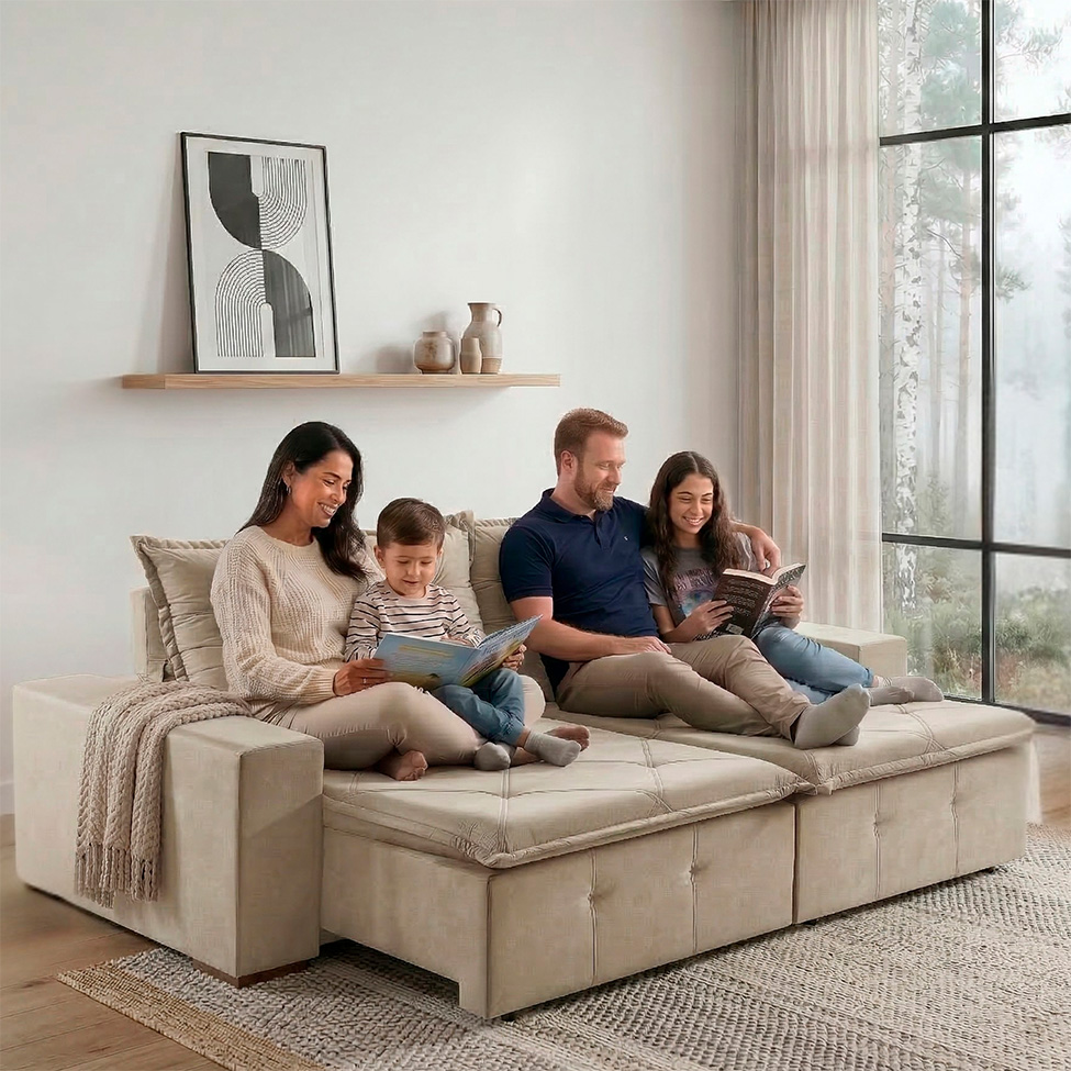 Sofá 3 Lugares Retrátil e Reclinável França Veludo Areia 230 cm