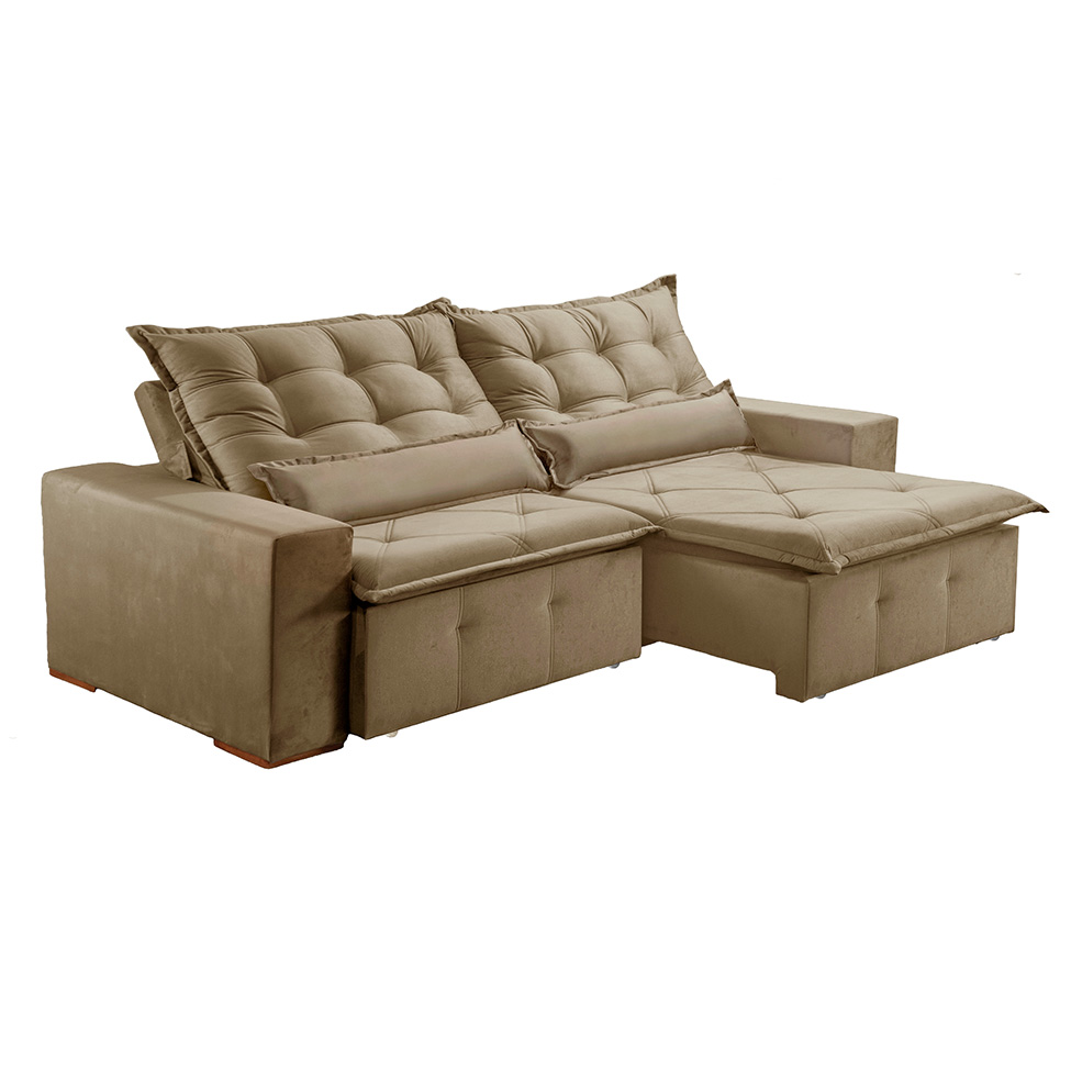 Sofá 3 Lugares Retrátil e Reclinável França Veludo Bege 210 cm