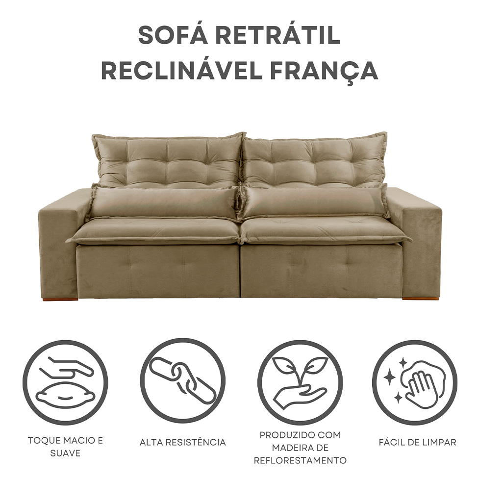 Sofá 3 Lugares Retrátil e Reclinável França Veludo Bege 210 cm
