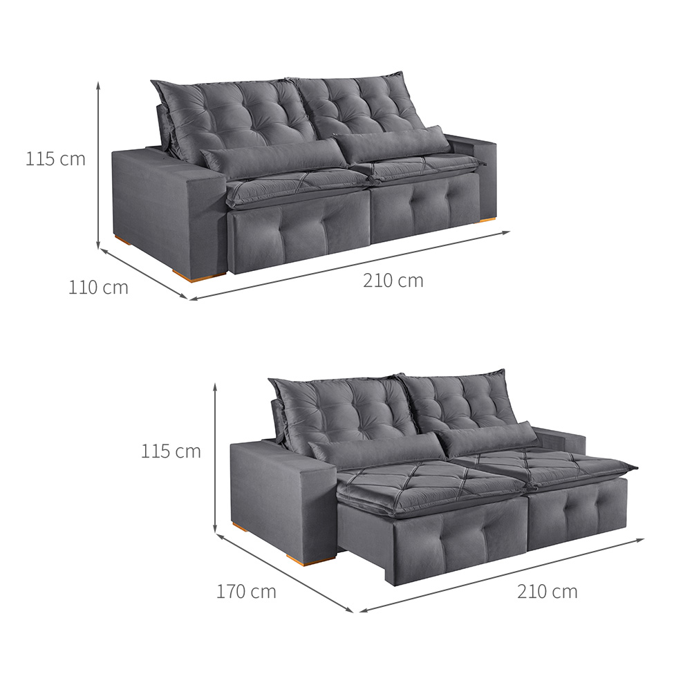 Sofá 3 Lugares Retrátil e Reclinável França Veludo Cinza  210 cm
