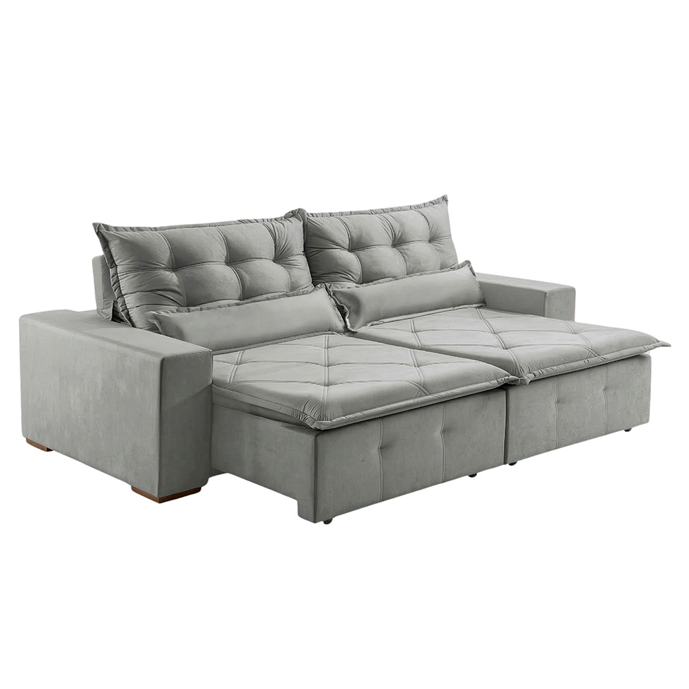 Sofá 3 Lugares Retrátil e Reclinável França Veludo Prata 210 cm