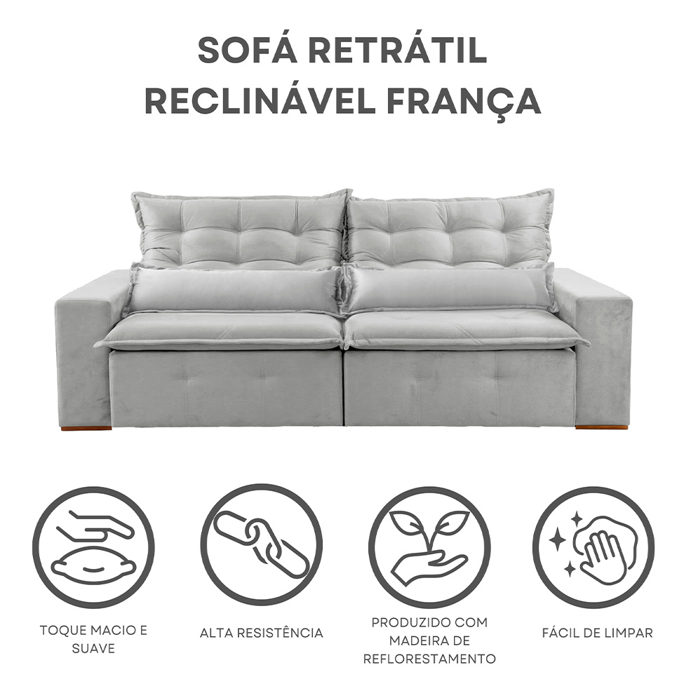 Sofá 3 Lugares Retrátil e Reclinável França Veludo Prata 230 cm