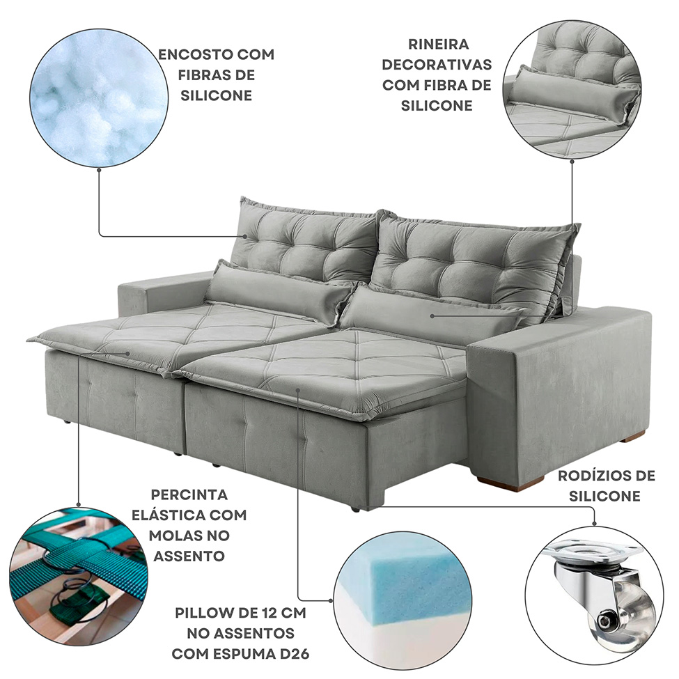 Sofá 3 Lugares Retrátil e Reclinável França Veludo Prata 230 cm